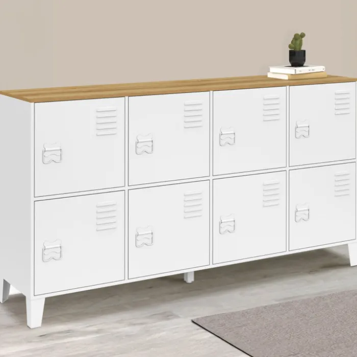 Buffet casier 139 cm 8 portes en métal blanc plateau bois design industriel