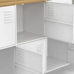 Buffet casier 139 cm 8 portes en métal blanc plateau bois design industriel