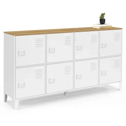 Buffet casier 139 cm 8 portes en métal blanc plateau bois design industriel