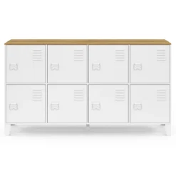 Buffet casier 139 cm 8 portes en métal blanc plateau bois design industriel
