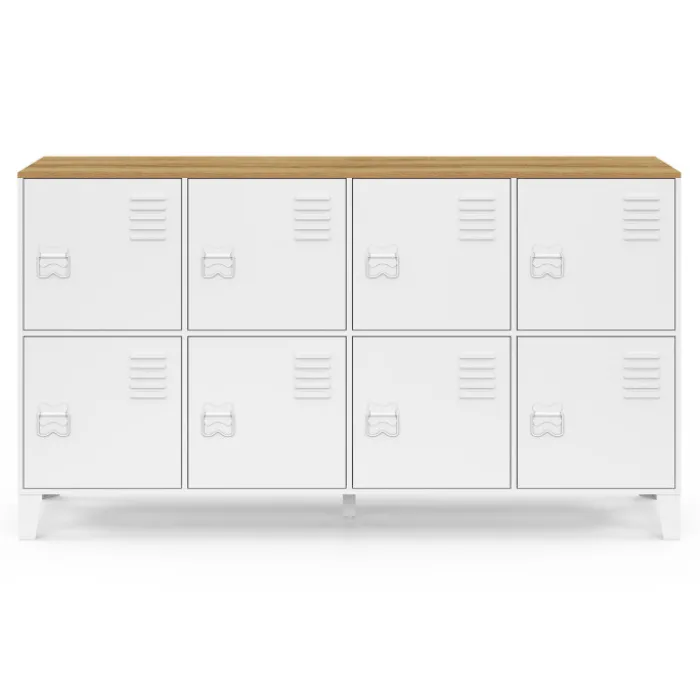 Buffet casier 139 cm 8 portes en métal blanc plateau bois design industriel