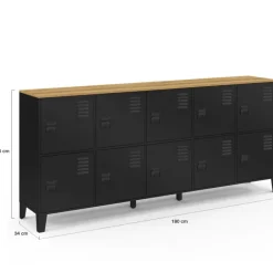 Buffet casier industriel 180 cm 10 portes en métal noir et plateau bois