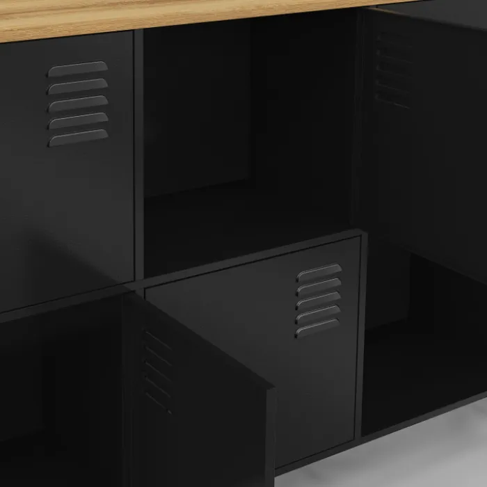 Buffet casier industriel 180 cm 10 portes en métal noir et plateau bois