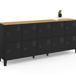 Buffet casier industriel 180 cm 10 portes en métal noir et plateau bois