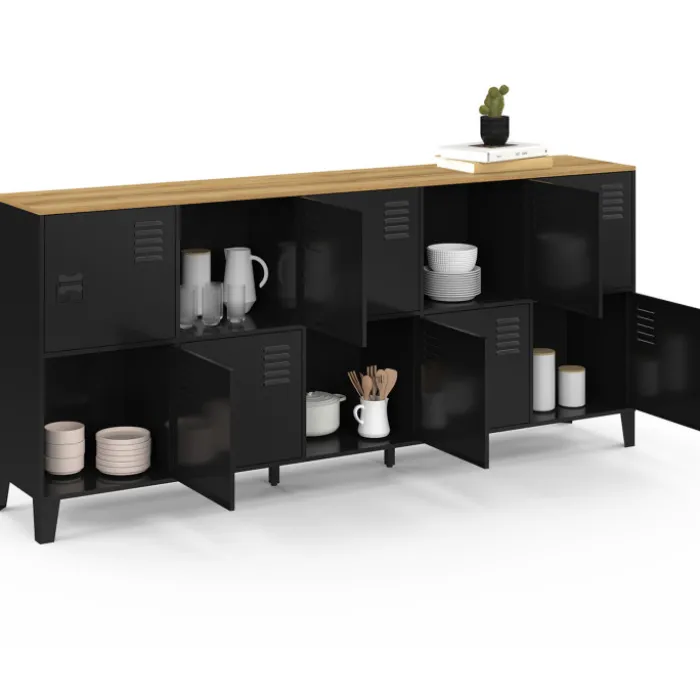 Buffet casier industriel 180 cm 10 portes en métal noir et plateau bois