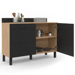 Buffet casserolier 120 cm 1 placard, 3 tiroirs et un plan de travail