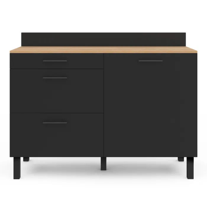 Buffet casserolier 120 cm 1 placard, 3 tiroirs et un plan de travail