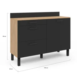 Buffet casserolier 120 cm 1 placard, 3 tiroirs et un plan de travail