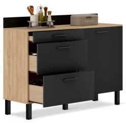 Buffet casserolier 120 cm 1 placard, 3 tiroirs et un plan de travail