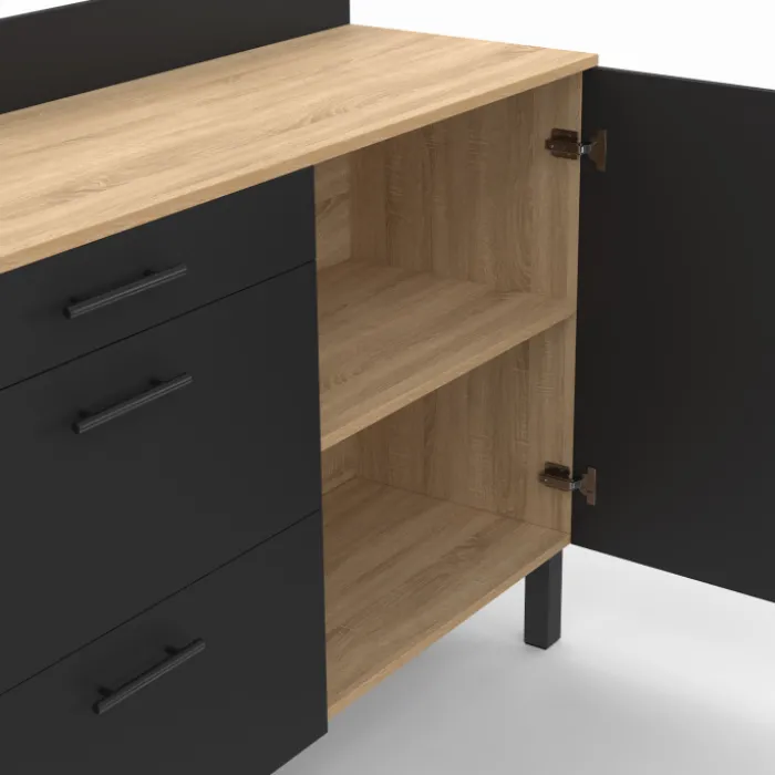 Buffet casserolier 120 cm 1 placard, 3 tiroirs et un plan de travail