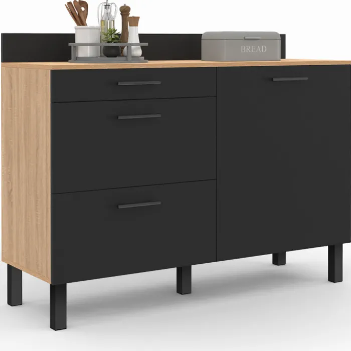 Buffet casserolier 120 cm 1 placard, 3 tiroirs et un plan de travail