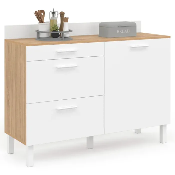 Buffet casserolier de cuisine 120 cm avec 1 porte et 3 tiroirs façon hêtre et blanc