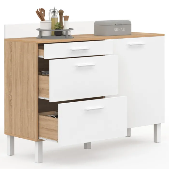 Buffet casserolier de cuisine 120 cm avec 1 porte et 3 tiroirs façon hêtre et blanc