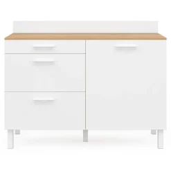 Buffet casserolier de cuisine 120 cm avec 1 porte et 3 tiroirs façon hêtre et blanc