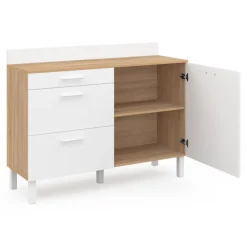 Buffet casserolier de cuisine 120 cm avec 1 porte et 3 tiroirs façon hêtre et blanc