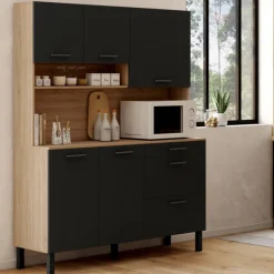 Buffet casserolier de cuisine 140 cm 5 portes et 3 tiroirs façon hêtre et noir