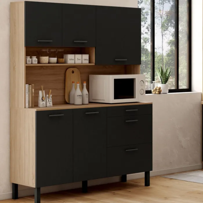 Buffet casserolier de cuisine 140 cm 5 portes et 3 tiroirs façon hêtre et noir