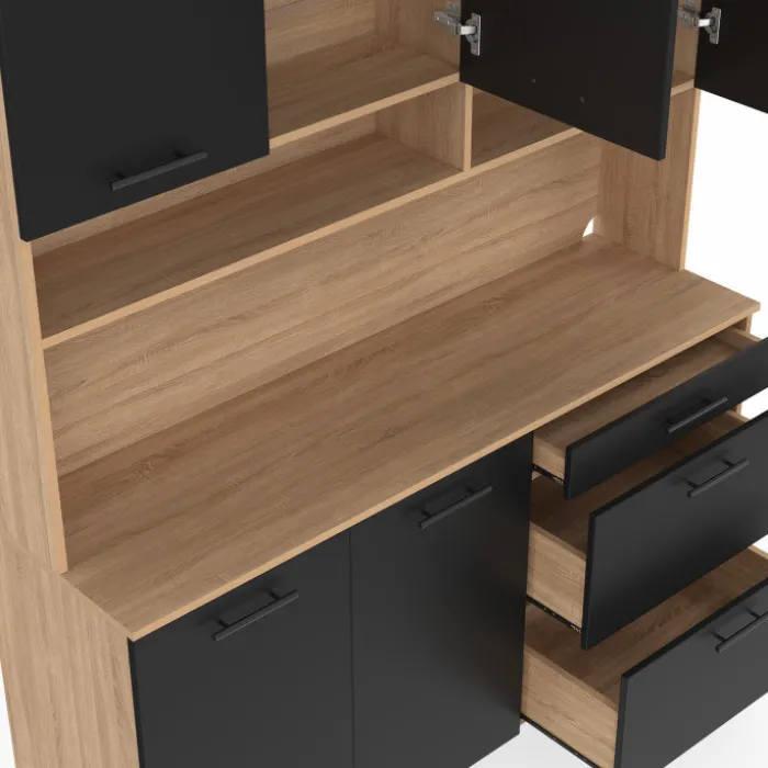 Buffet casserolier de cuisine 140 cm 5 portes et 3 tiroirs façon hêtre et noir
