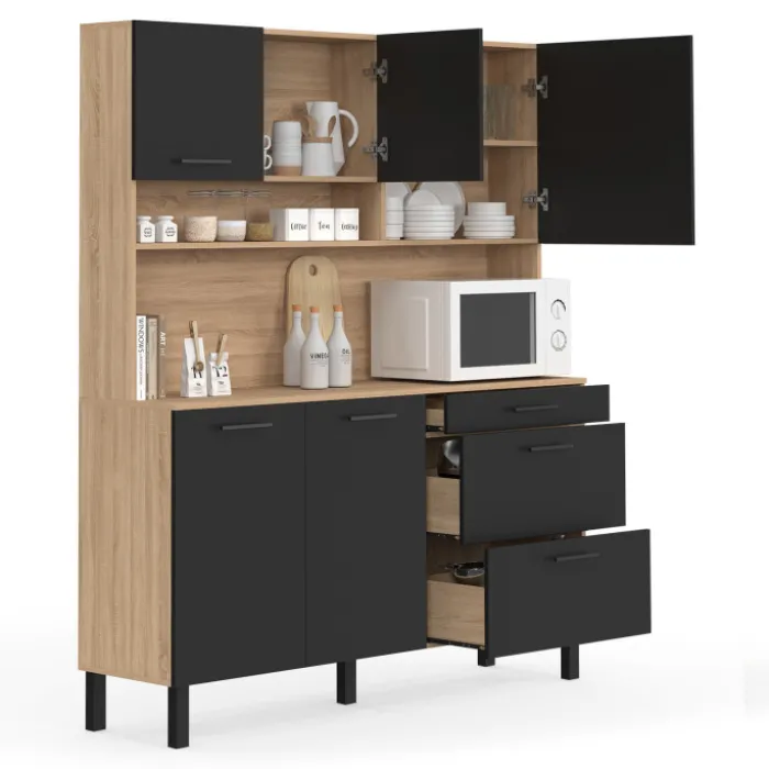Buffet casserolier de cuisine 140 cm 5 portes et 3 tiroirs façon hêtre et noir