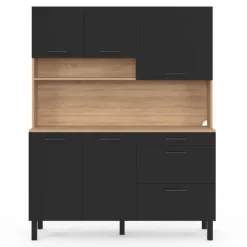 Buffet casserolier de cuisine 140 cm 5 portes et 3 tiroirs façon hêtre et noir