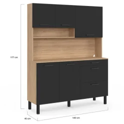 Buffet casserolier de cuisine 140 cm 5 portes et 3 tiroirs façon hêtre et noir