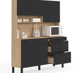Buffet casserolier de cuisine 140 cm 5 portes et 3 tiroirs façon hêtre et noir