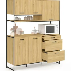 Buffet casserolier de cuisine 140 cm 5 portes + 3 tiroirs design industriel