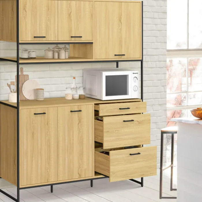 Buffet casserolier de cuisine 140 cm 5 portes + 3 tiroirs design industriel