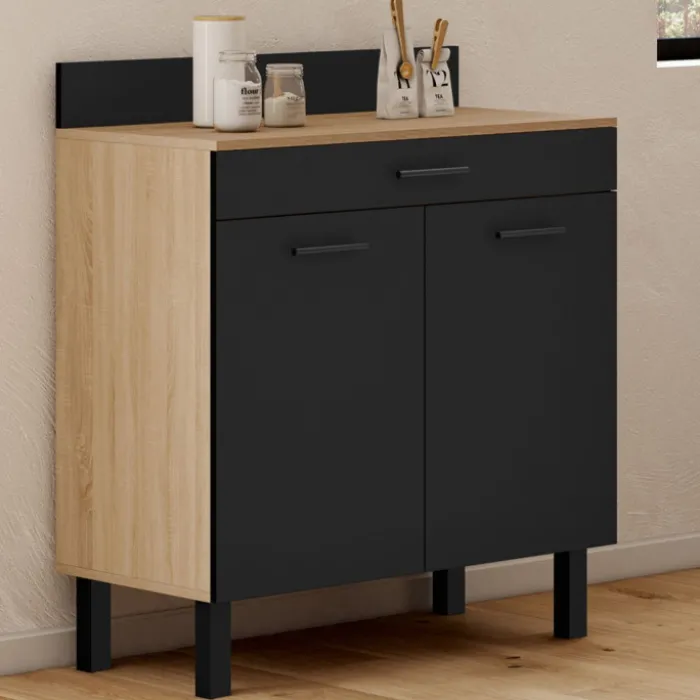 Buffet casserolier de cuisine de 80 cm avec 2 portes, 1 tiroir et un plan de travail façon hêtre