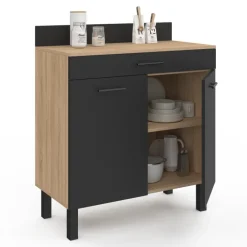Buffet casserolier de cuisine de 80 cm avec 2 portes, 1 tiroir et un plan de travail façon hêtre