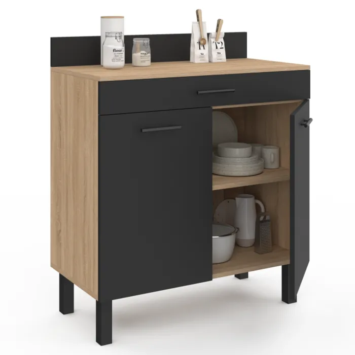 Buffet casserolier de cuisine de 80 cm avec 2 portes, 1 tiroir et un plan de travail façon hêtre