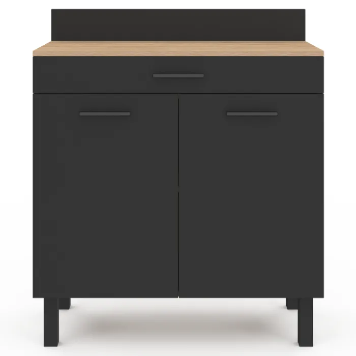 Buffet casserolier de cuisine de 80 cm avec 2 portes, 1 tiroir et un plan de travail façon hêtre