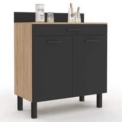 Buffet casserolier de cuisine de 80 cm avec 2 portes, 1 tiroir et un plan de travail façon hêtre
