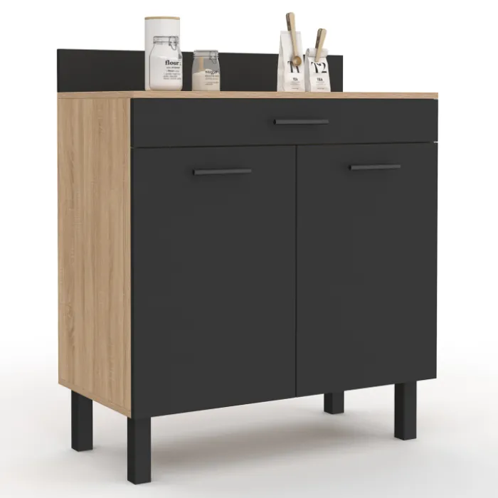 Buffet casserolier de cuisine de 80 cm avec 2 portes, 1 tiroir et un plan de travail façon hêtre