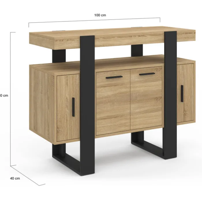 Buffet 100cm 4 portes bois et noir avec étagère