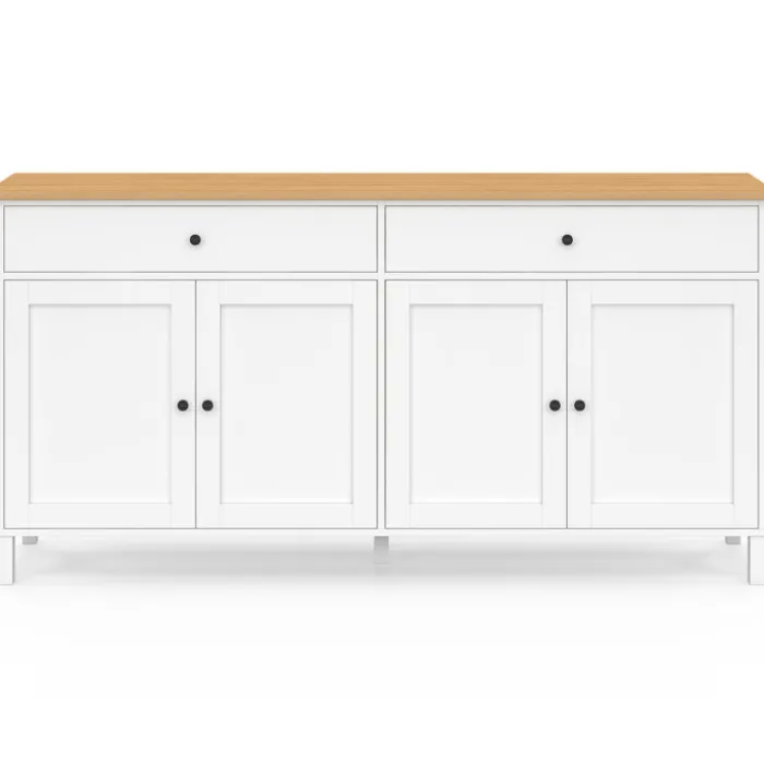 Buffet 160cm 4 portes et 2 tiroirs blanc et plateau bois