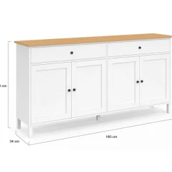 Buffet 160cm 4 portes et 2 tiroirs blanc et plateau bois