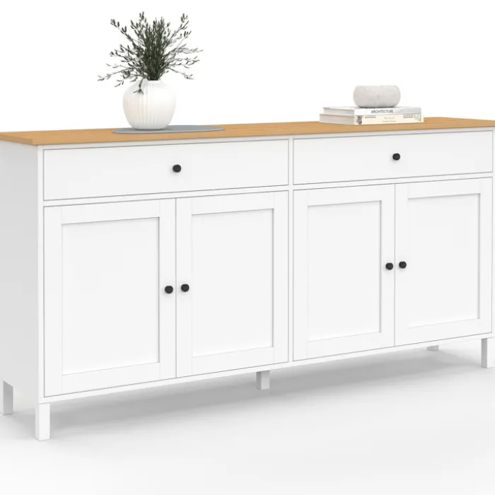 Buffet 160cm 4 portes et 2 tiroirs blanc et plateau bois