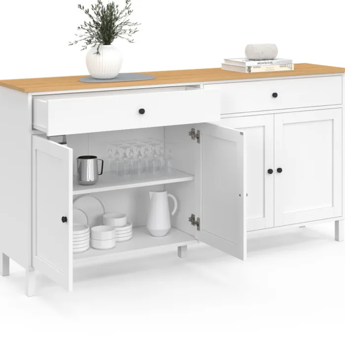 Buffet 160cm 4 portes et 2 tiroirs blanc et plateau bois