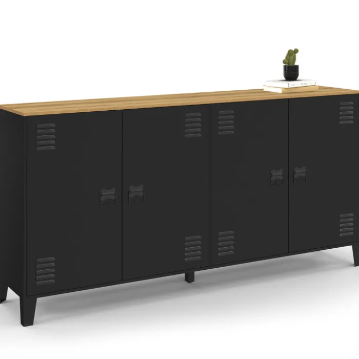 Buffet 160cm ESTER 4 portes en métal noir plateau bois design industriel