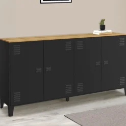 Buffet 160cm ESTER 4 portes en métal noir plateau bois design industriel