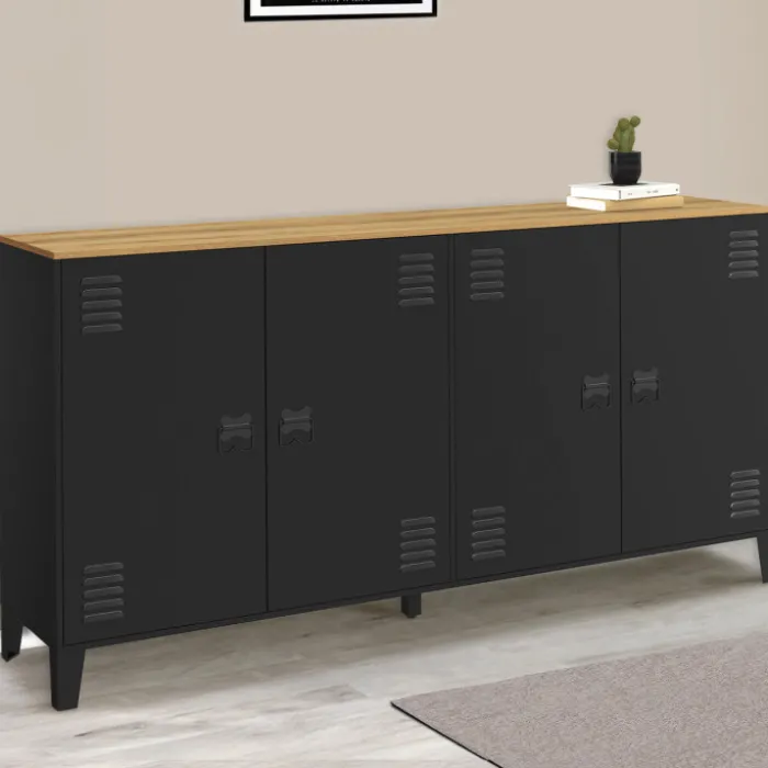 Buffet 160cm ESTER 4 portes en métal noir plateau bois design industriel