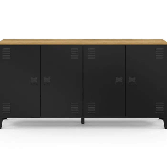 Buffet 160cm ESTER 4 portes en métal noir plateau bois design industriel