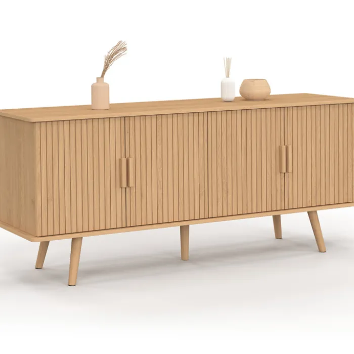 Buffet 140 cm 4 portes lattes tasseau bois coloris chêne design tendance