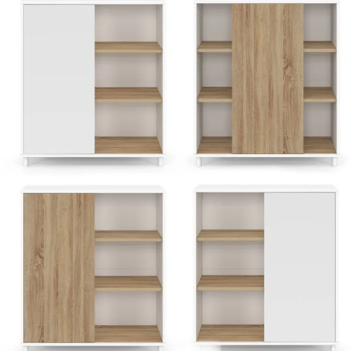 Buffet d'appoint 70 cm 3 étagères et 1 porte coulissante réversible blanc et bois montage facile