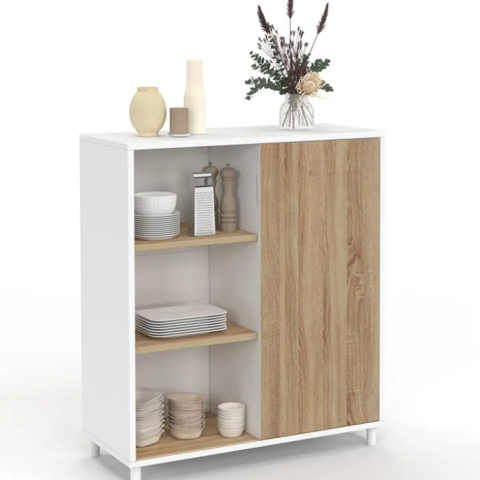 Buffet d'appoint 70 cm 3 étagères et 1 porte coulissante réversible blanc et bois montage facile