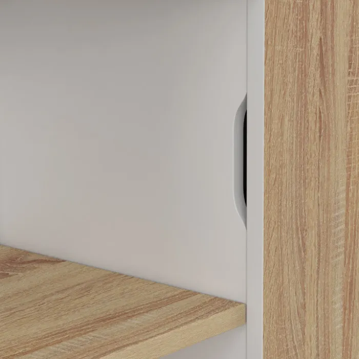 Buffet d'appoint 70 cm 3 étagères et 1 porte coulissante réversible blanc et bois montage facile