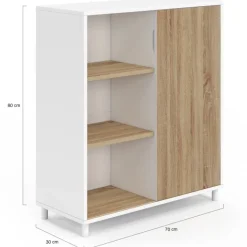 Buffet d'appoint 70 cm 3 étagères et 1 porte coulissante réversible blanc et bois montage facile