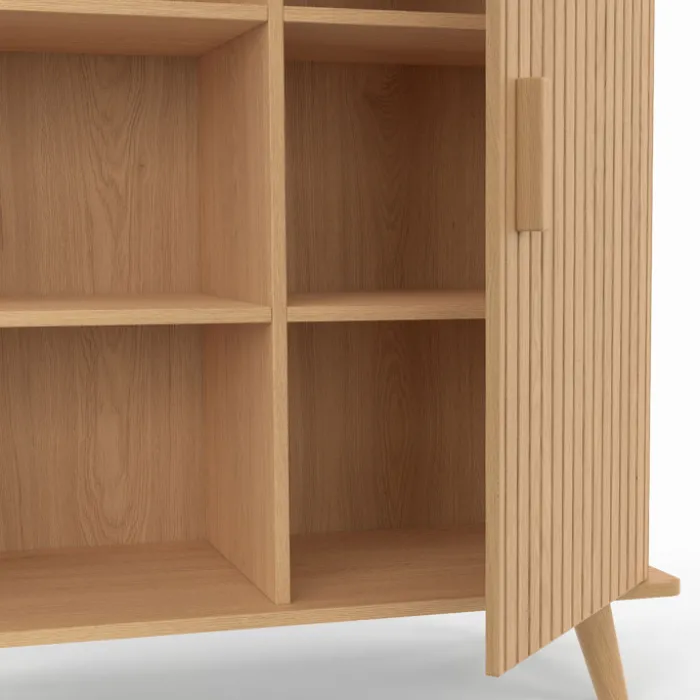 Buffet d'appoint 70 cm bois effet lattes et tasseau avec 3 étagères et placard
