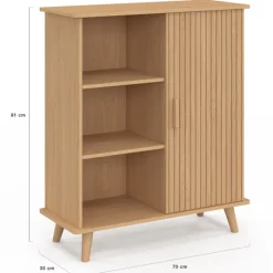 Buffet d'appoint 70 cm bois effet lattes et tasseau avec 3 étagères et placard